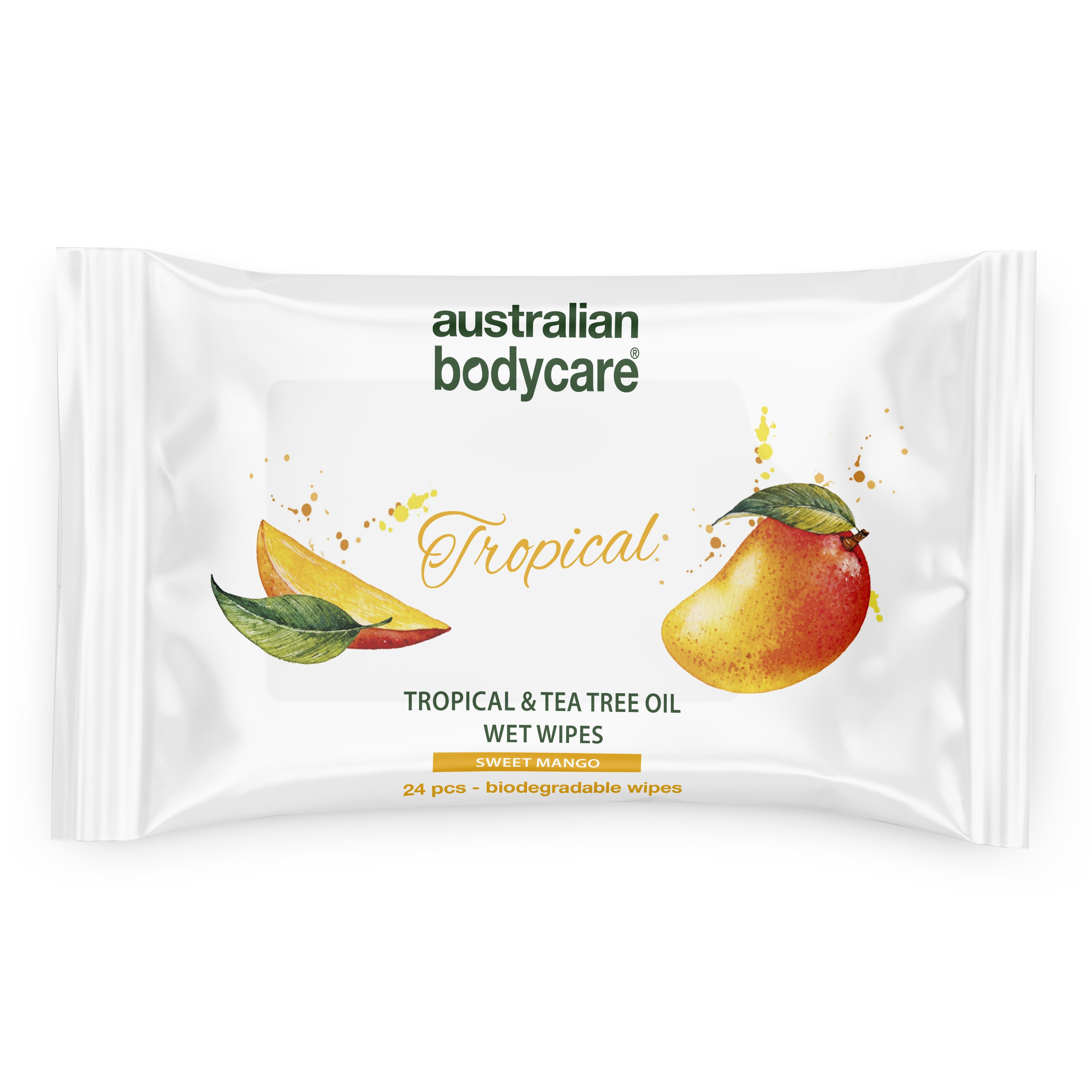 Tropical Vådservietter Med Mango   Tea Tree Oil 24 Stk     Til Daglig Rens Af Krop Og Ansigt   Stk